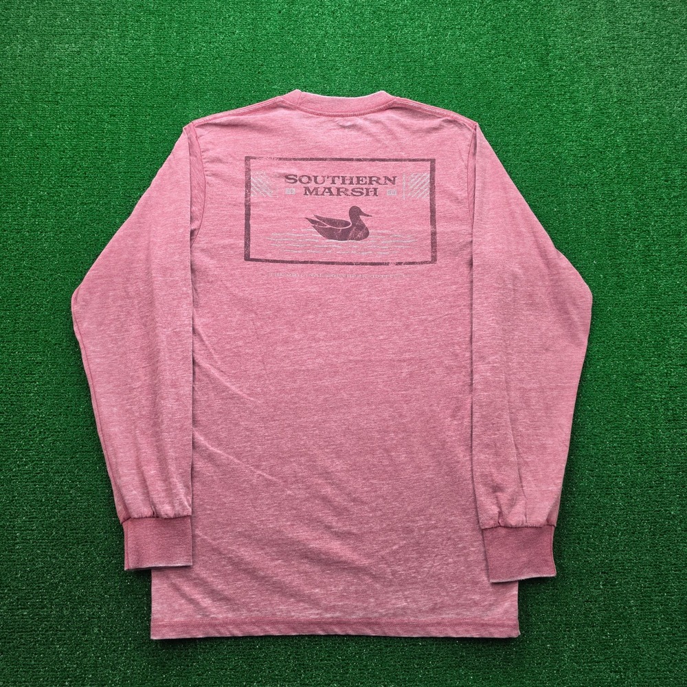 Southern Marsh Long Sleeve Pocket Shirt Mens Small Coral Red Graphic Duck Logo